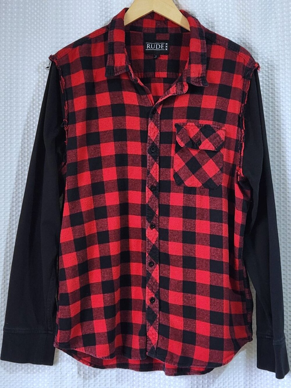 Rude Grunge Flannel Shirt Men Large Red Black Buffalo Plaid Frayed Sleeve Cotton